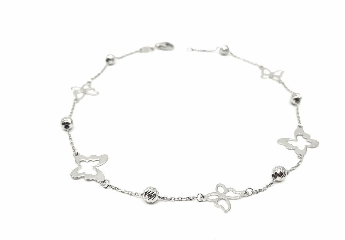 10K White Gold Butterfly Anklet Design with Lobster Clasp - 10 Inches