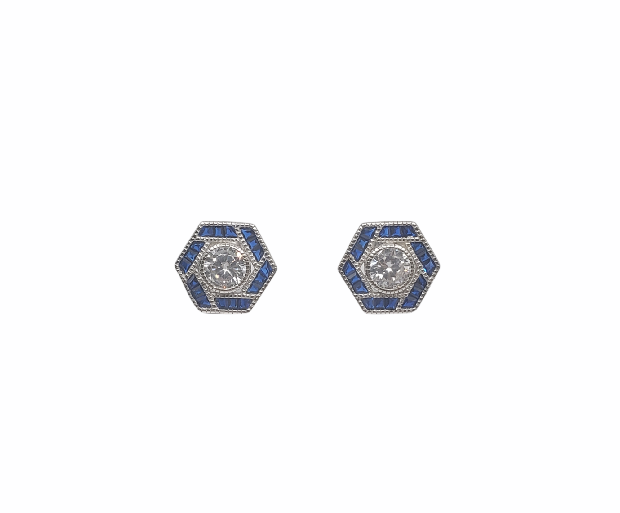 925 Sterling Silver Clear and Blue Cubic Zirconia Hexagon Stud - 12.5mm x 11mm