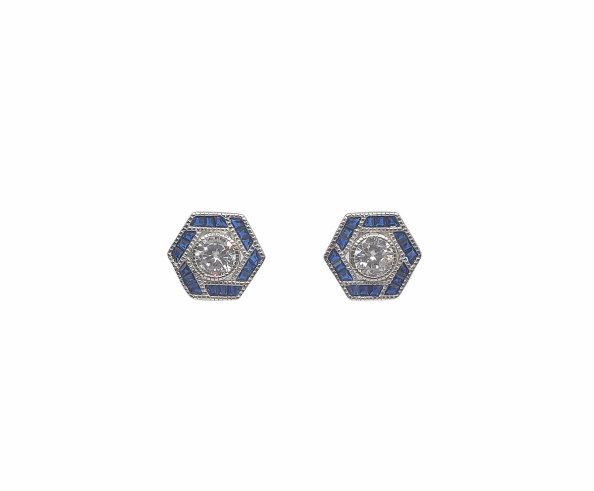 Pendientes hexagonales de plata de ley 925 con circonita cúbica transparente y azul, 12,5 mm x 11 mm