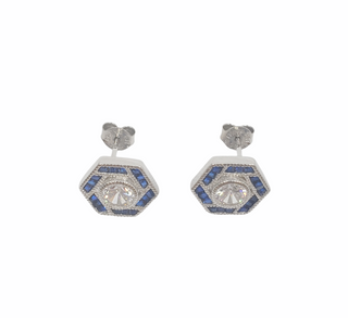 Pendientes hexagonales de plata de ley 925 con circonita cúbica transparente y azul, 12,5 mm x 11 mm