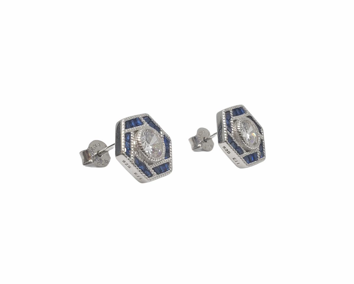 925 Sterling Silver Clear and Blue Cubic Zirconia Hexagon Stud - 12.5mm x 11mm