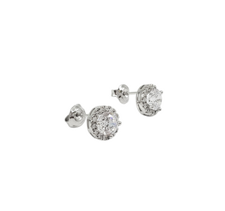 Pendientes de tuerca con halo de circonita cúbica redonda de 6 mm de plata de ley 925 - 9 mm