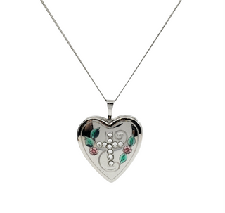 925 Sterling Silver Locket with Cubic Zirconia Cross and Decals with Chain - 18 Inches
