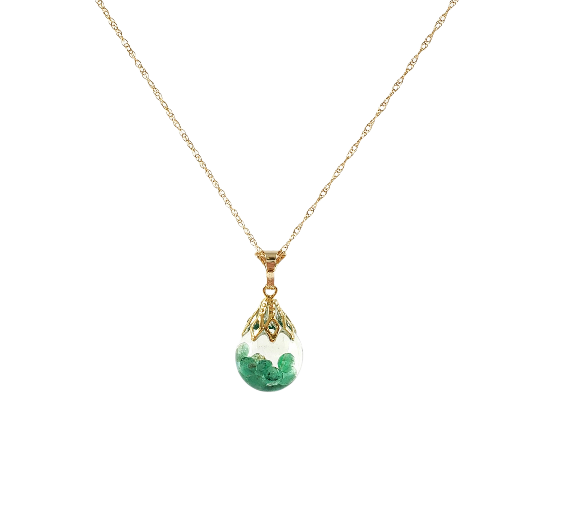 14K Yellow Gold Genuine Floating Emerald Pendant, 18”