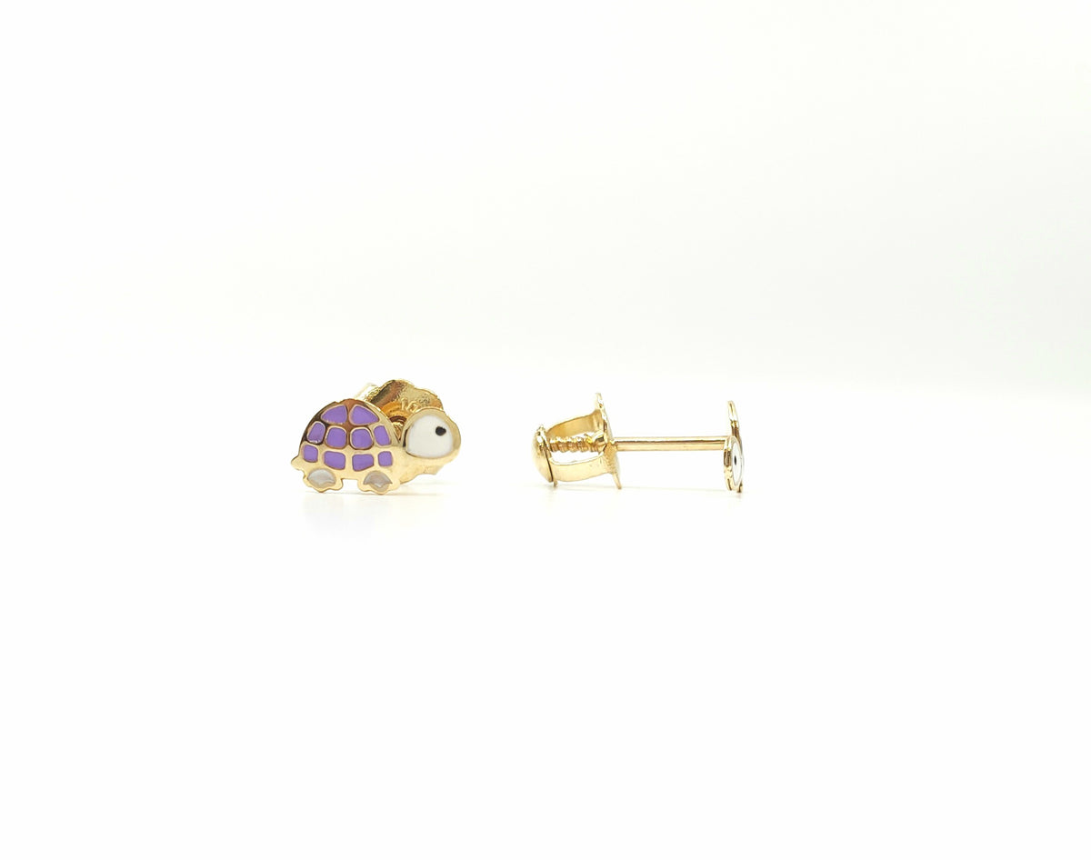 10K Yellow Gold Purple Enamel Turtle Earrings with Screw Backs - 4mm x 7mm