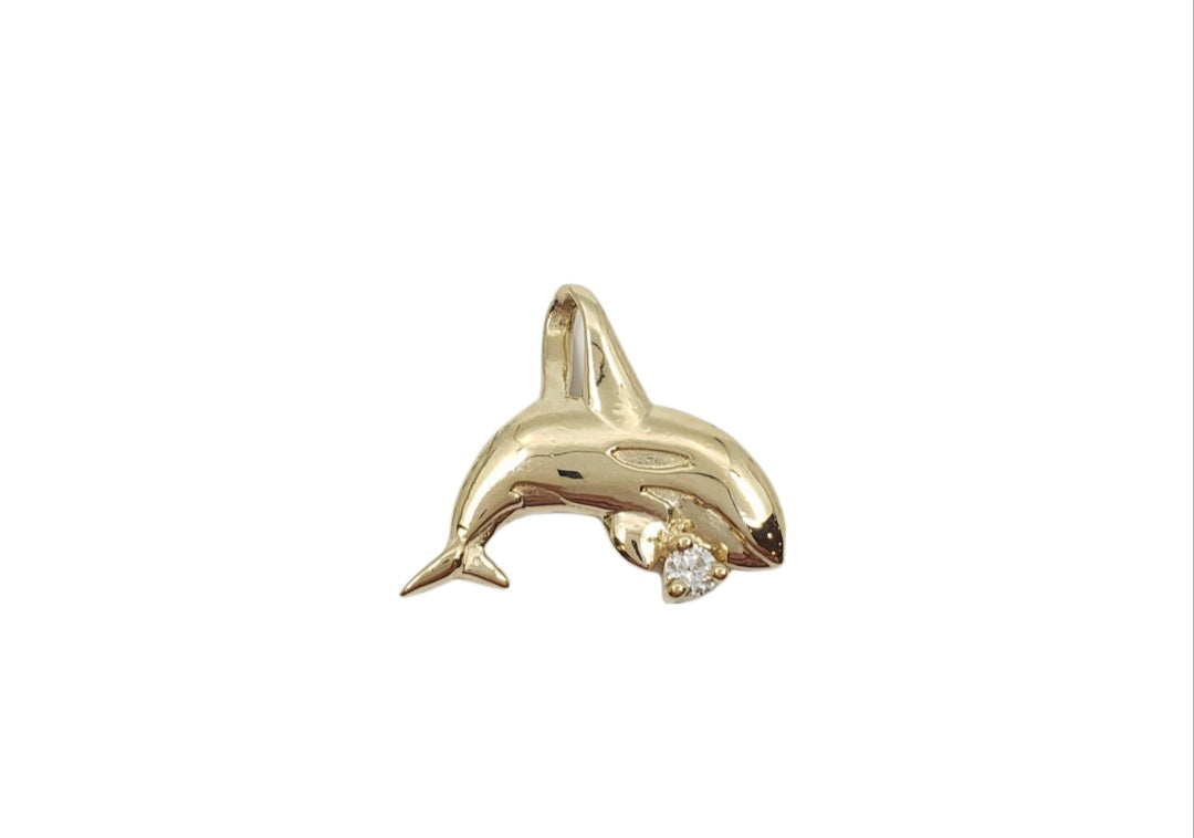 14K Yellow Gold 0.03cttw Diamond Orca Pendant - 15mm x 12mm