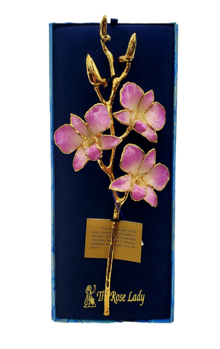 Tallo de orquídea real lacado en oro de 24 quilates, color lila auténtico y blanco