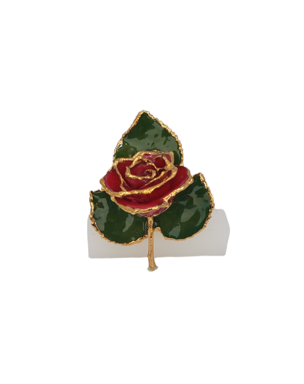 24k Gold-trim Lacquer Dipped Red Rose on Leaf Pin/Boutonniere