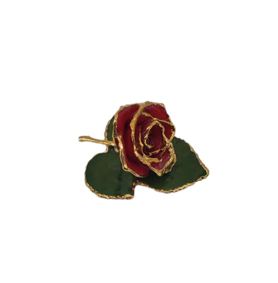 24k Gold-trim Lacquer Dipped Red Rose on Leaf Pin/Boutonniere