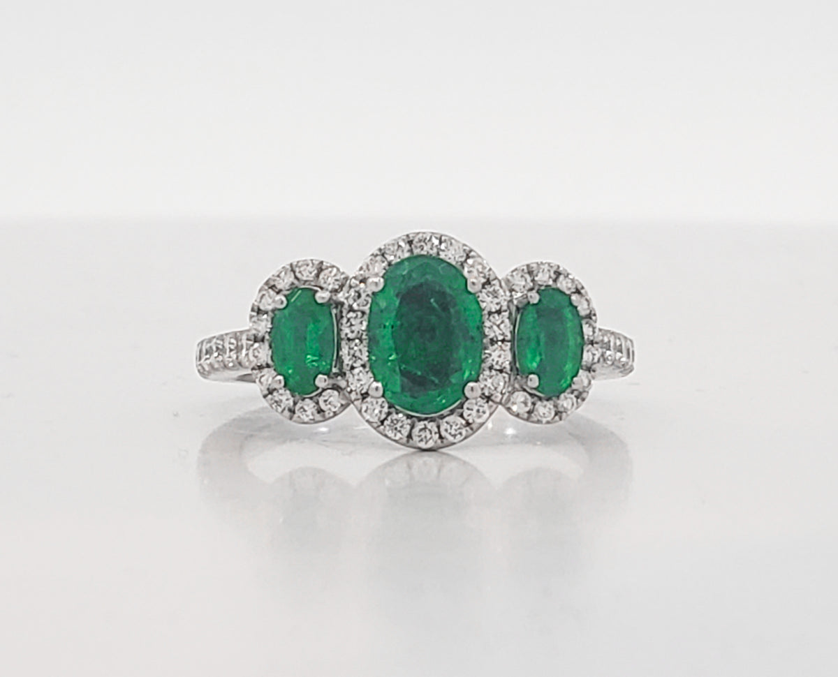 Platinum 1.22cttw Oval Cut Emeralds and 0.42cttw Diamond Ring - Size 6.5
