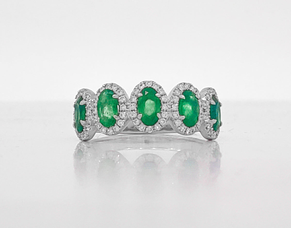14K White Gold 1.03cttw Oval Cut Emeralds and 0.23cttw Diamond Ring - Size 7