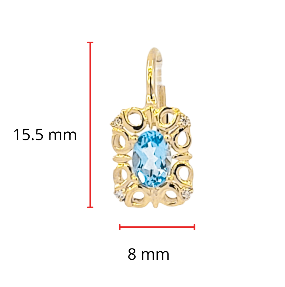 10K Yellow Gold 6x4mm Oval Cut Swiss Blue Topaz and 0.045cttw Diamond Dangle Earrings