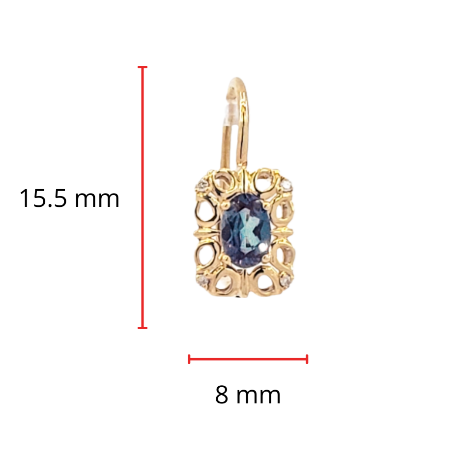 10K Yellow Gold 6x4mm Oval Cut Created Alexandrite and 0.045cttw Diamond Dangle Earrings with Euro Backs