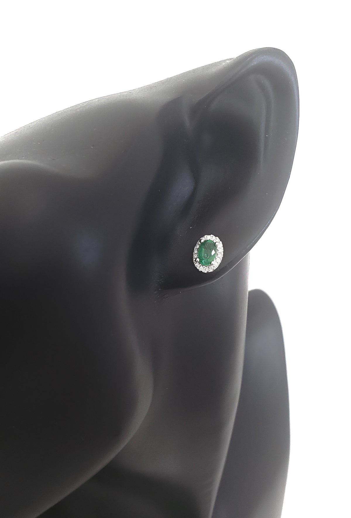 18K White Gold  Oval Cut Emerald and Diamond Halo Stud Earrings