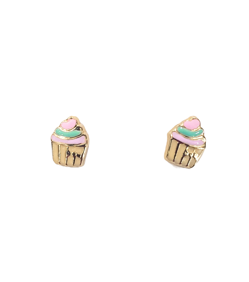 10K Yellow Gold Cupcake Enamel Earrings with Screw Backs