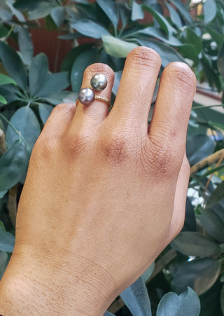 Anillo de diamantes y perlas de Tahití en oro amarillo de 14 quilates - Talla 6