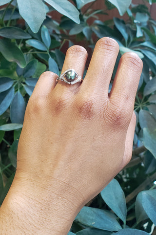 Anillo de diamantes y perlas de Tahití en oro blanco de 14 quilates - Talla 6