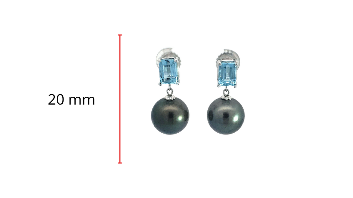 14K White Gold Tahitian Pearl and Aquamarine Dangle Earrings with Butterfly Back Closure