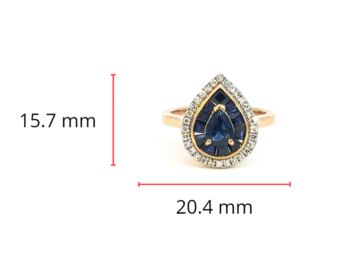 Anillo de oro amarillo de 10 quilates con zafiro de 1,25 quilates y halo de diamantes de talla pera de 0,25 quilates - Talla 7