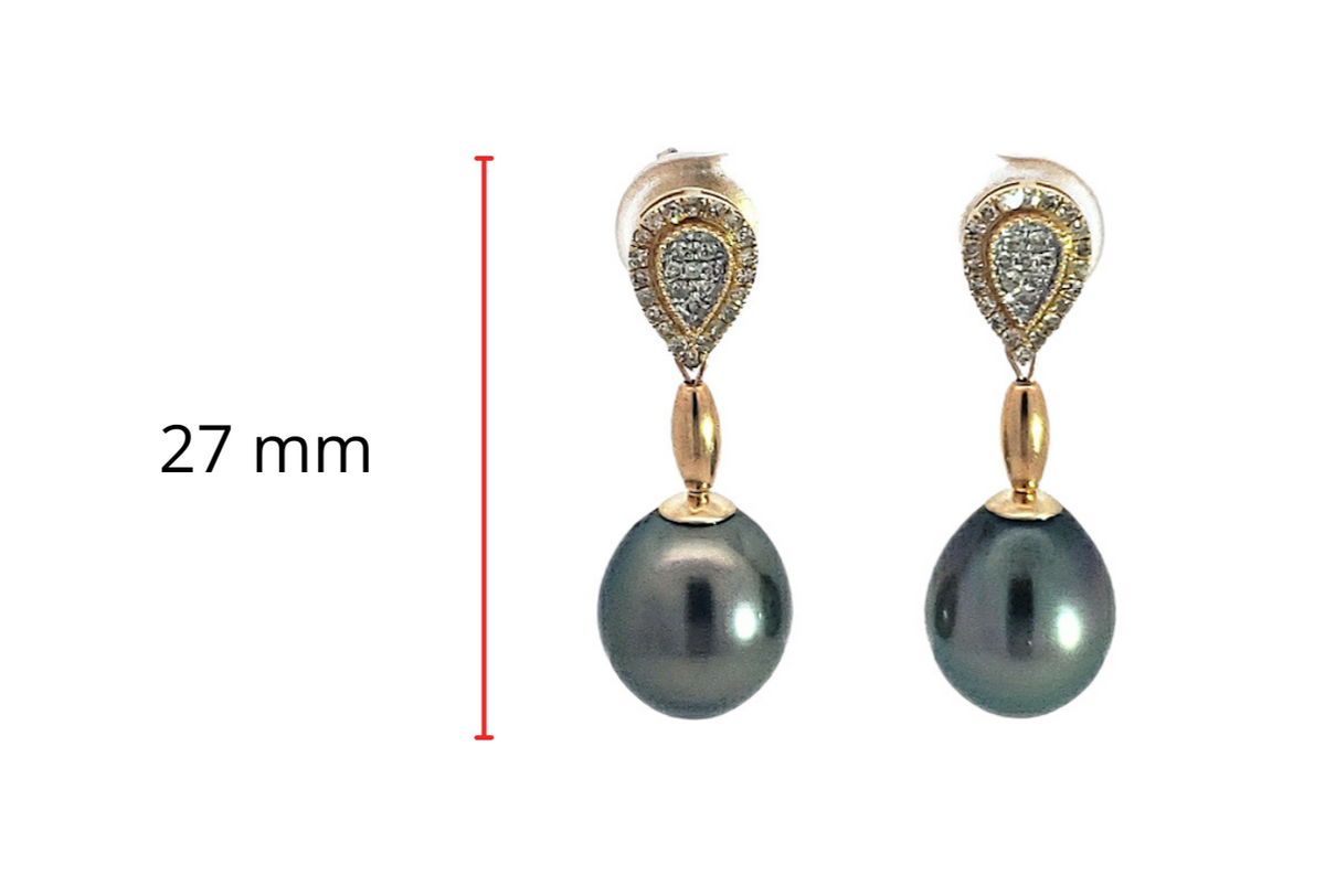 14K Yellow Gold Tahitian Pearl and Diamond Dangle Earrings with Butterfly Back Closure