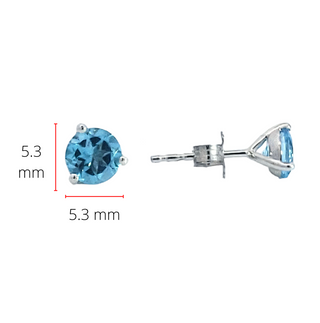 Aretes de topacio azul de 5 mm en oro blanco de 10 quilates con engaste de tres garras