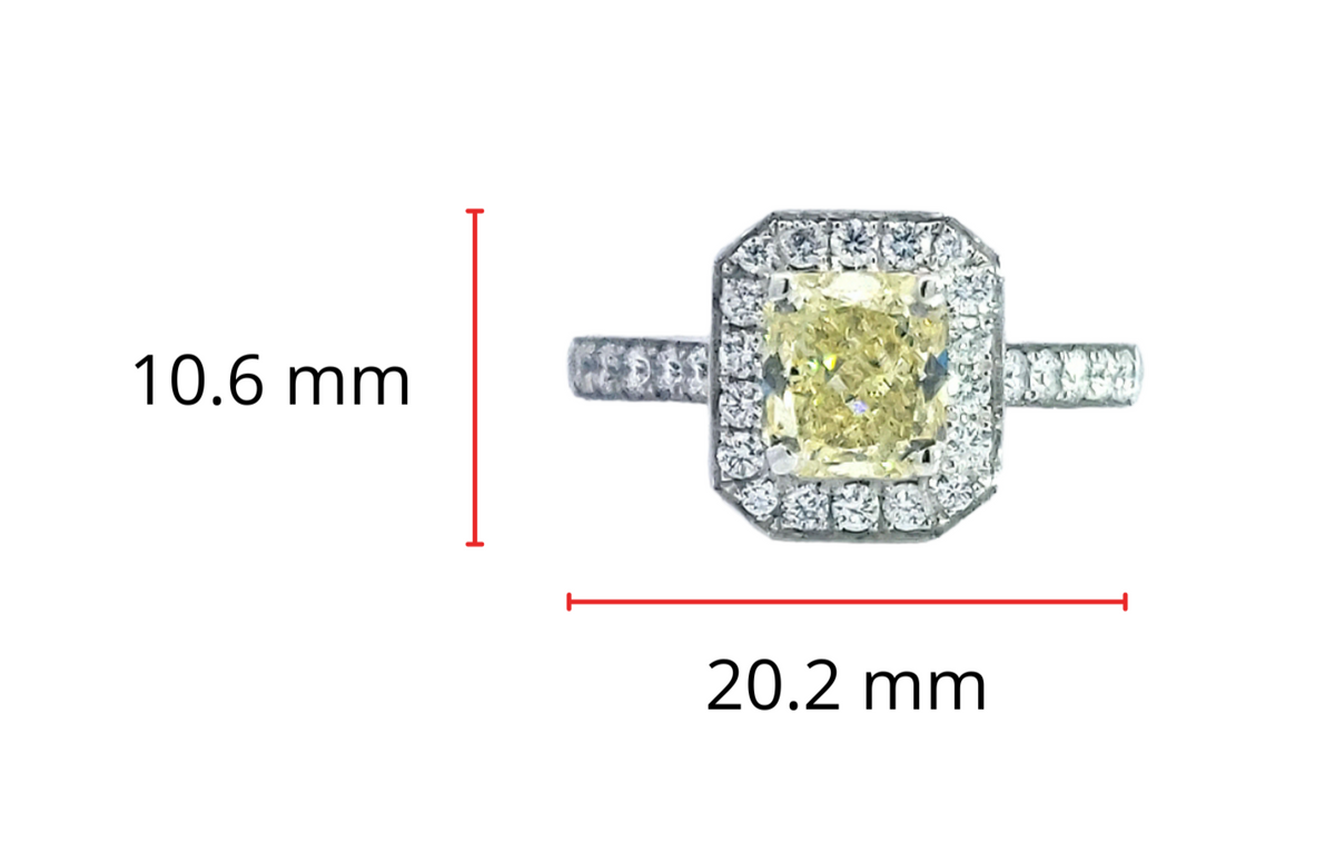 Anillo de compromiso con halo de diamantes de talla cojín de color amarillo elegante de 1,64 quilates en oro blanco de 14 quilates, tamaño 6,5