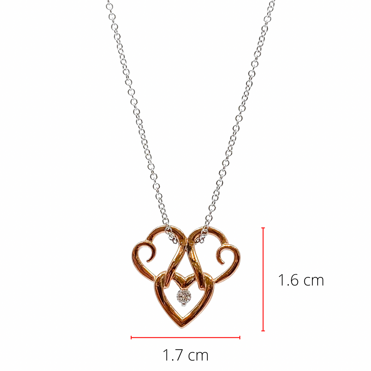 10K Rose &amp; White 0.043cttw Canadian Diamond Triple Heart Pendant, 18&quot;