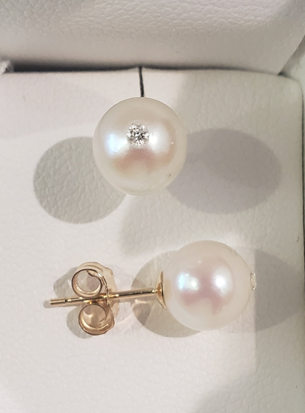 14K Yellow Gold 7.5-8.0mm Cultured Pearl and 0.06cttw Diamond Earrings with Butterfly Backs