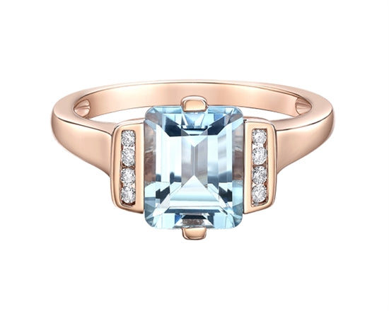 10K Rose Gold 9x7mm Emerald Cut Blue Topaz and 0.08cttw Diamond Ring - Size 7