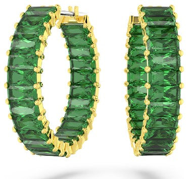 Swarovski Matrix hoop earrings, Baguette cut, Green, Gold-tone plated - 5658651