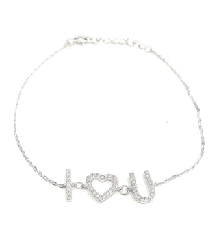 925 Sterling Silver Rhodium Plated Cubic Zirconia Bracelet "I (Heart) You" with Spring Clasp - Adjustable 14-16.5 Inches