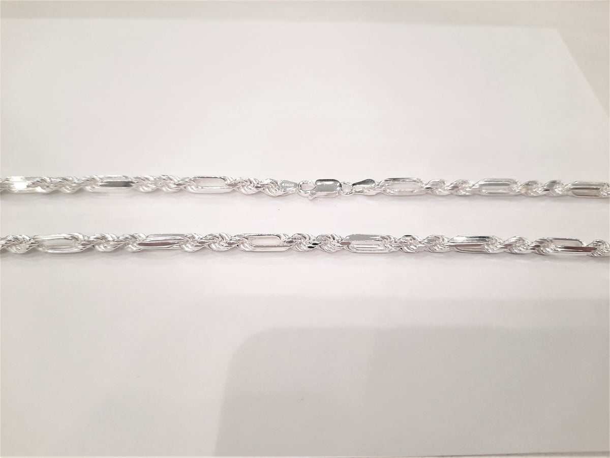 Cadena de cuerda/fígaro chapada en rodio de 4,5 mm de plata de ley 925 con cierre de langosta - 22 pulgadas 