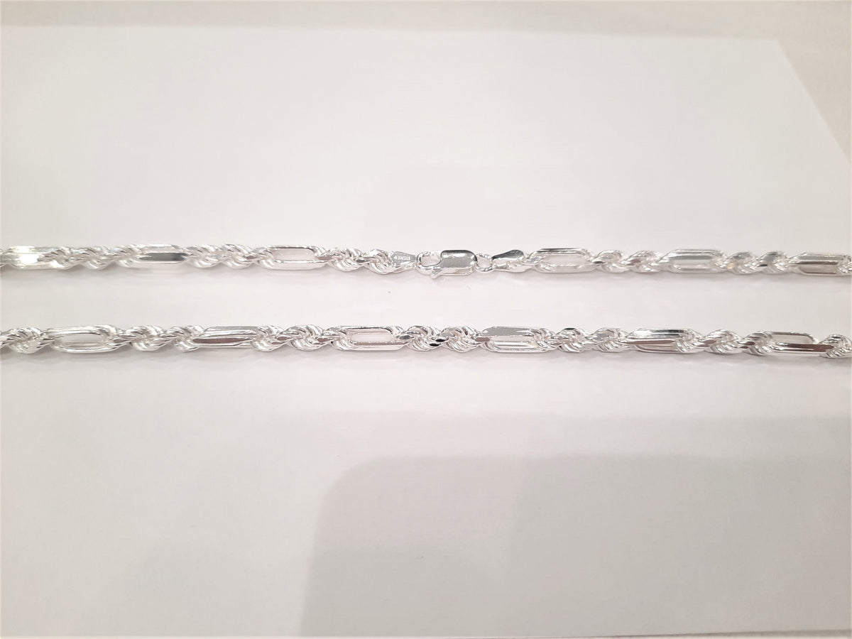 Cadena de cuerda/fígaro chapada en rodio de 4,5 mm de plata de ley 925 con cierre de langosta - 26 pulgadas 