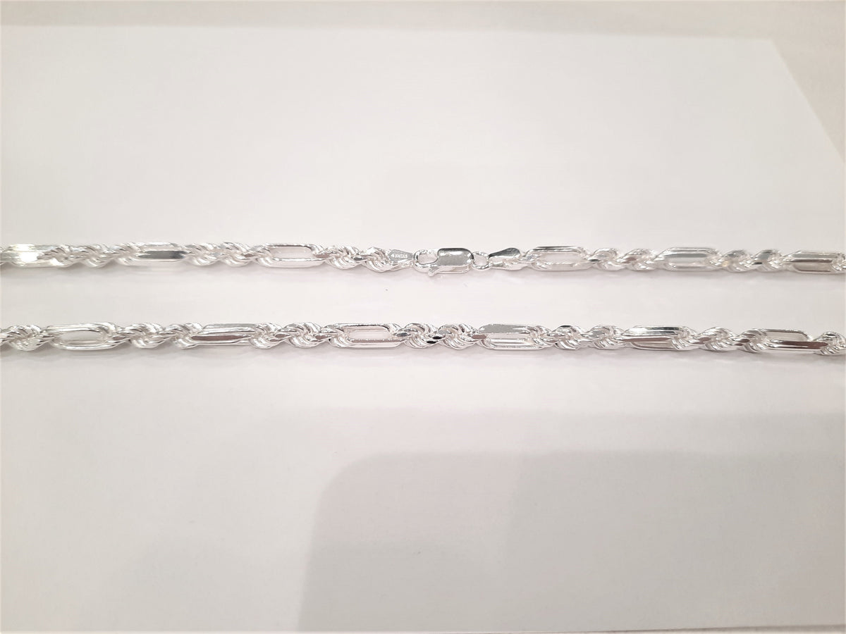 Cadena de cuerda/fígaro chapada en rodio de 4,5 mm de plata de ley 925 con cierre de langosta - 20 pulgadas 