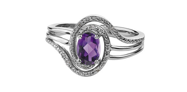 925 Sterling Silver Amethyst & Diamond Ring