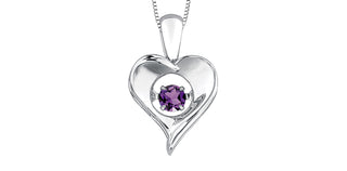 A 925 sterling silver necklace in a heart shape with a pulsing amethyst in the center, attached to a box chain with a spring clasp.