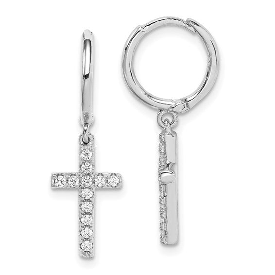Silver cross pendant and hoop earring set on a white background