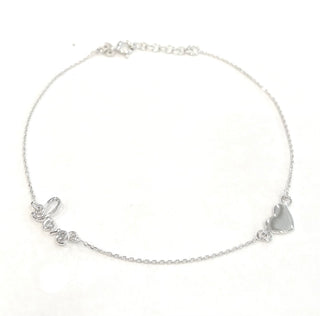 Tobillera de plata de ley 925 con forma de corazón macizo y texto de amor con cierre de resorte, ajustable de 18 a 20 pulgadas