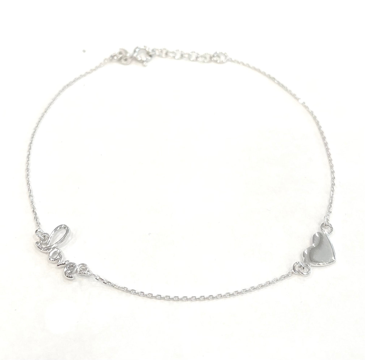 925 Sterling Silver Solid Heart and Love Text Anklet with Spring Clasp - Adjustable 18 - 20 Inches