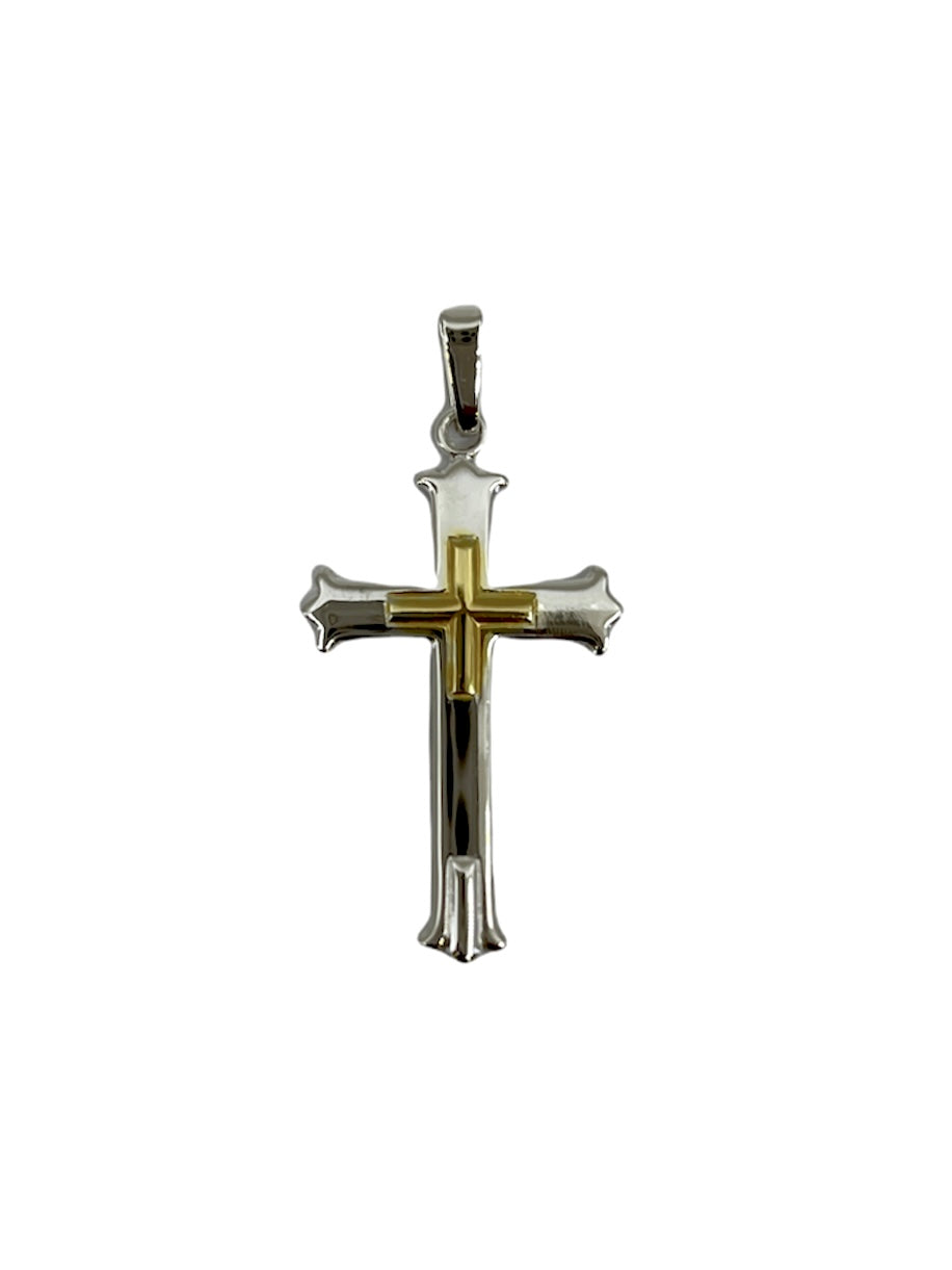 925 Sterling Silver Two Tone Cross with Yellow Gold Plated Centre - 42mm x 20mm