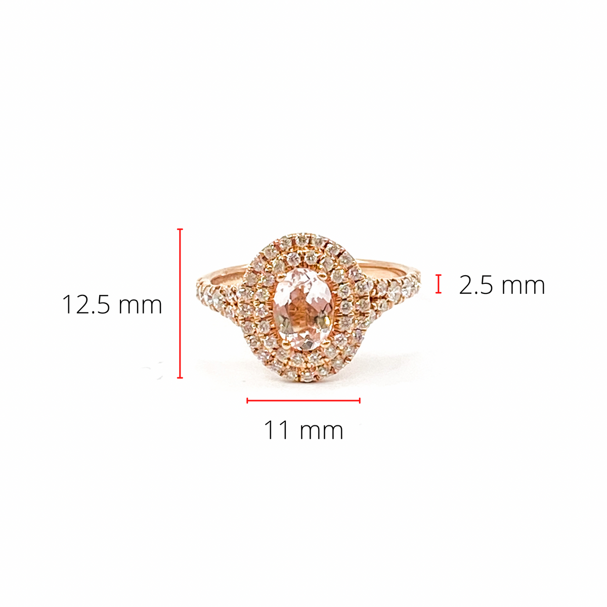 Anillo de oro rosa de 14 quilates con morganita genuina de talla ovalada de 0,75 quilates y diamante de 0,45 quilates con doble halo, tamaño 6,5