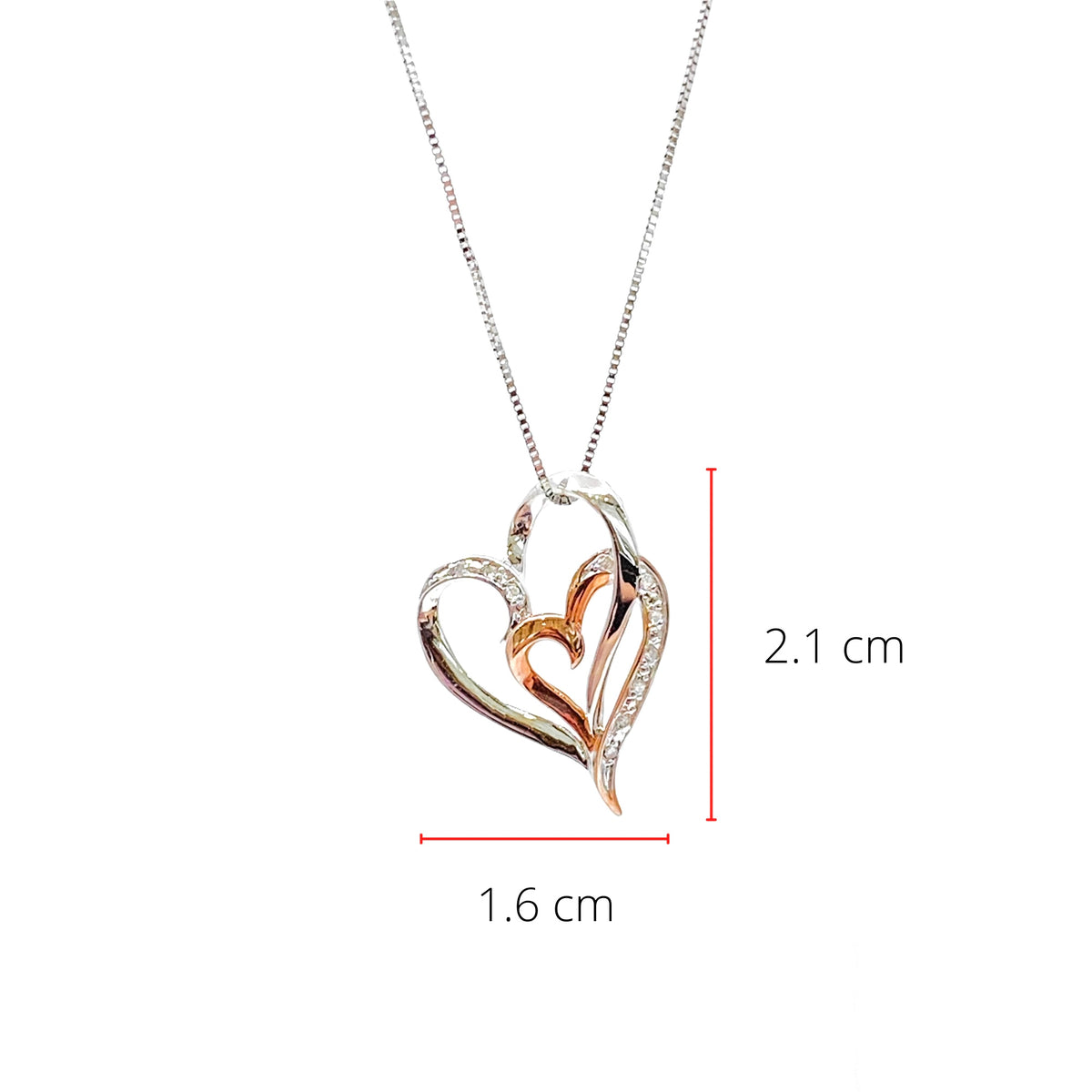 Colgante de doble corazón con diamantes de 0,035 quilates en oro blanco y rosa de 10 quilates, 18&quot;