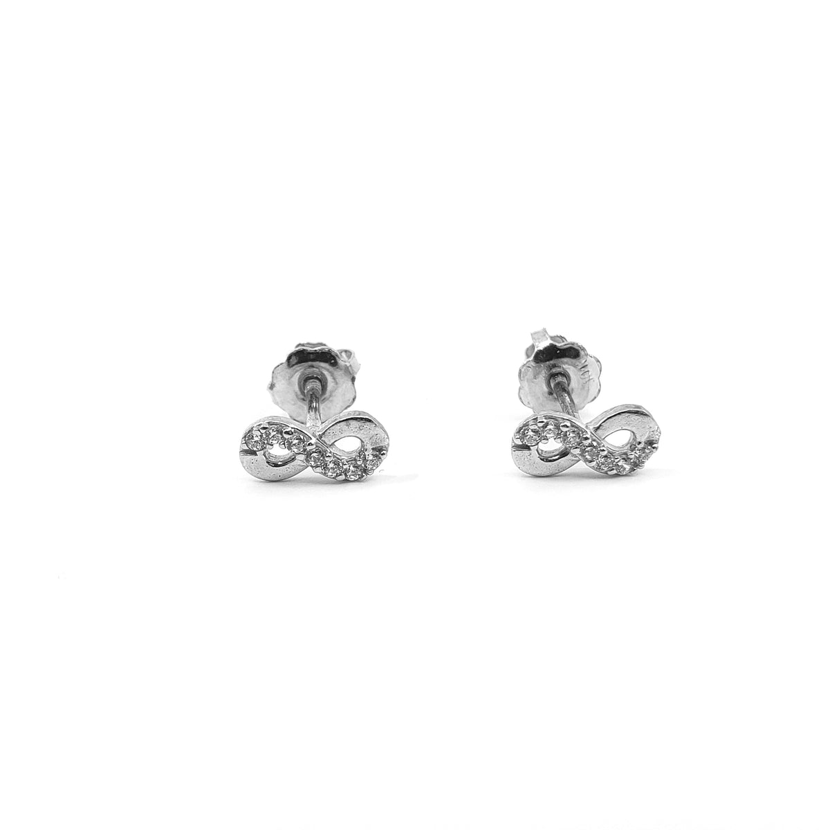 10K White Gold Cubic Zirconia Infinity Studs with Screw Back - 8mm x 3mm