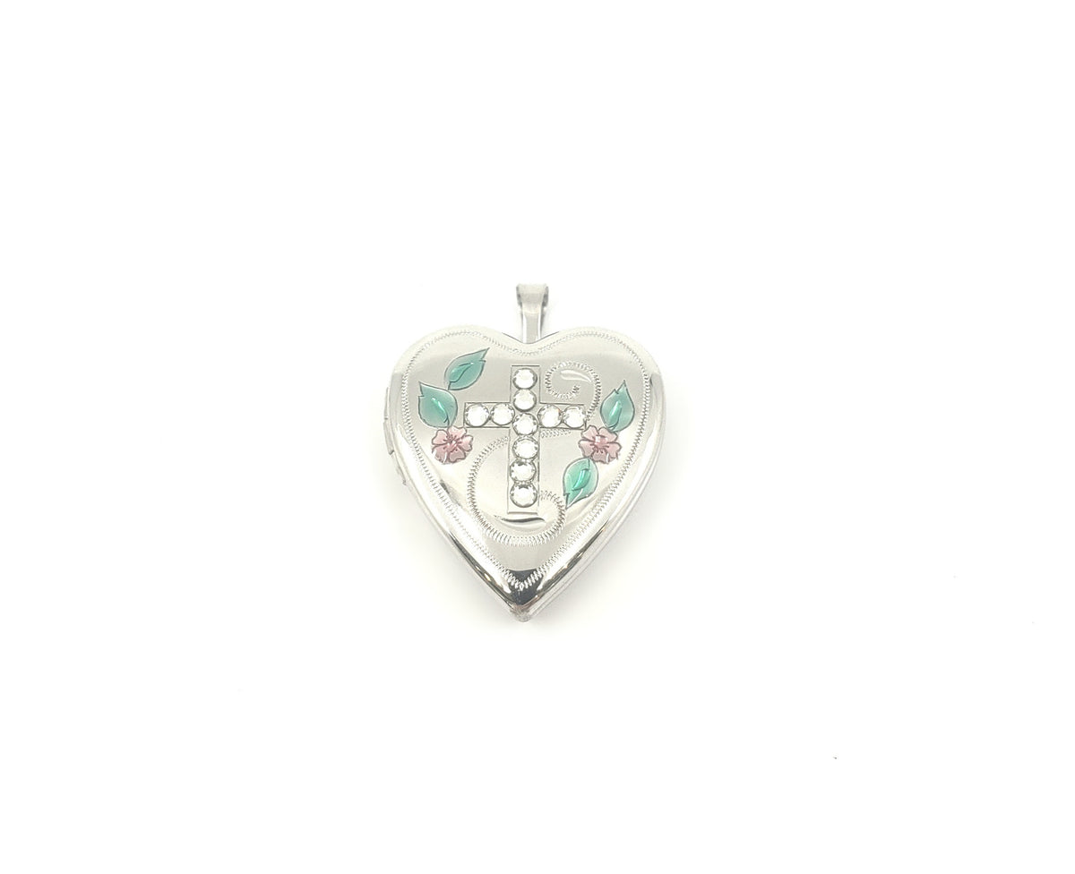 925 Sterling Silver Locket with Cubic Zirconia Cross and Decals with Chain - 18 Inches