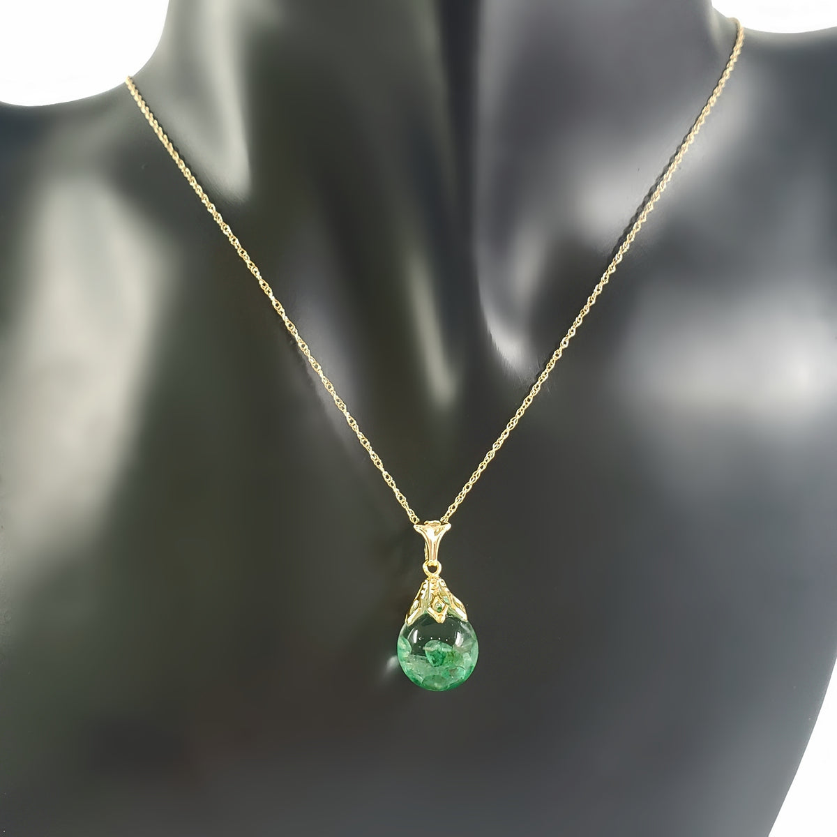 14K Yellow Gold Genuine Floating Emerald Pendant, 18”