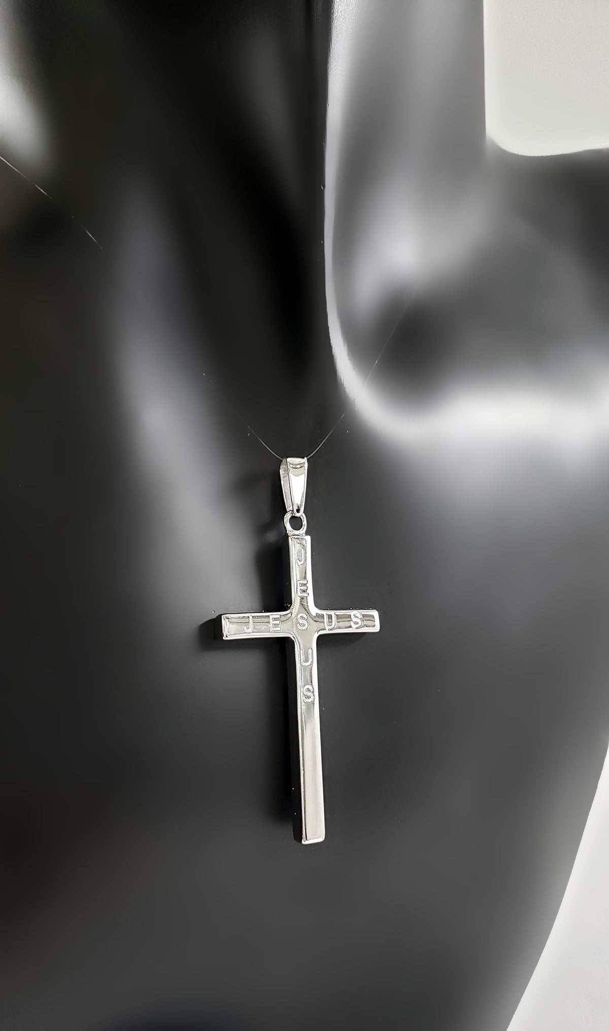 925 Sterling Silver 40mm x 21mm Hollow Cross Charm with &quot;JESUS&quot; Engraved