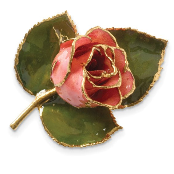 24k Gold-trim Lacquer Dipped Pink Rose on Leaf Pin/Boutonniere