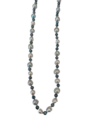 Necklace with alternating black and white beads on a white background