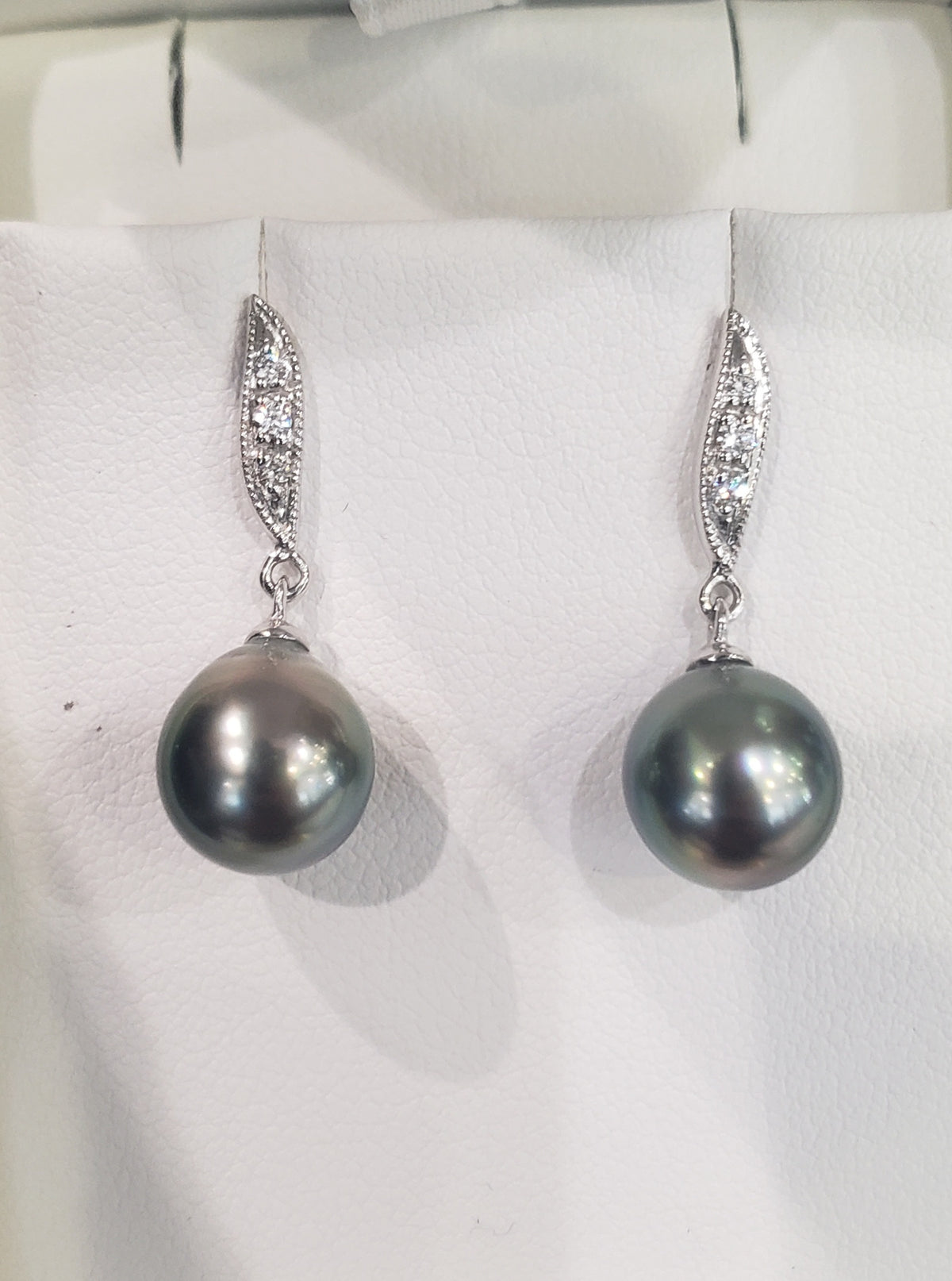 14K White Gold 9-9.5mm Tahitian Pearl and 0.06cttw Diamond Earrings with Butterfly Backs