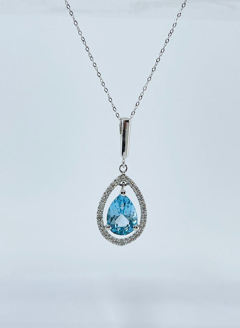 10K White Gold Blue Topaz &amp; Diamond Pendant 18&quot;